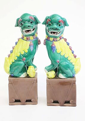 Pair of Chinese Porcelain Famille Verte Foo Dogs, early 20th Century