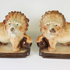 Pair of Stafforshire Standing Pottery Lions on Plinths, circa 1899-1944, Lancaster & Sons