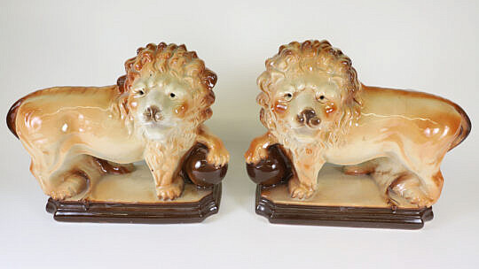 Pair of Stafforshire Standing Pottery Lions on Plinths, circa 1899-1944, Lancaster & Sons