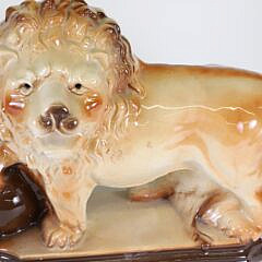 Pair of Stafforshire Standing Pottery Lions on Plinths, circa 1899-1944, Lancaster & Sons