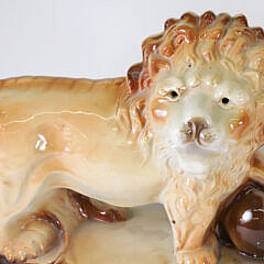Pair of Stafforshire Standing Pottery Lions on Plinths, circa 1899-1944, Lancaster & Sons