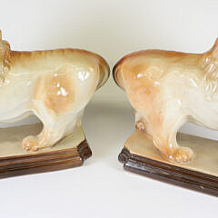 Pair of Stafforshire Standing Pottery Lions on Plinths, circa 1899-1944, Lancaster & Sons