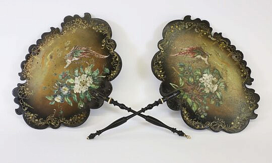 Pair of Victorian Hand Held Face Fire Screens 19th Century, papier mache