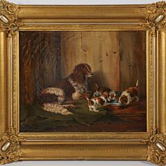 W. Zollikofer Oil on Canvas “Portrait of a Springer Spaniel and Her Litter”, circa 1857