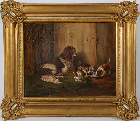 W. Zollikofer Oil on Canvas "Portrait of a Springer Spaniel and Her Litter", circa 1857