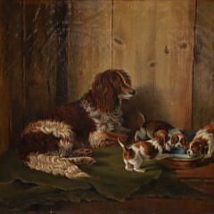 W. Zollikofer Oil on Canvas “Portrait of a Springer Spaniel and Her Litter”, circa 1857