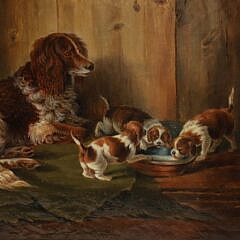 W. Zollikofer Oil on Canvas “Portrait of a Springer Spaniel and Her Litter”, circa 1857