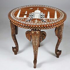 Vintage Indian Carved and Bone Inlaid Oval Side Table Depicting the Taj Mahal