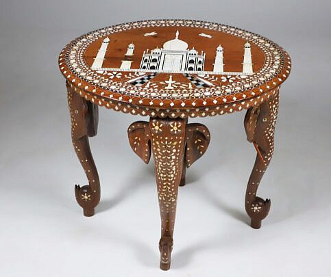 Vintage Indian Carved and Bone Inlaid Oval Side Table Depicting the Taj Mahal