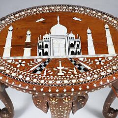 Vintage Indian Carved and Bone Inlaid Oval Side Table Depicting the Taj Mahal