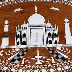 Vintage Indian Carved and Bone Inlaid Oval Side Table Depicting the Taj Mahal