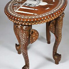 Vintage Indian Carved and Bone Inlaid Oval Side Table Depicting the Taj Mahal