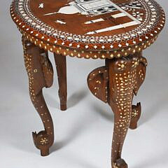 Vintage Indian Carved and Bone Inlaid Oval Side Table Depicting the Taj Mahal