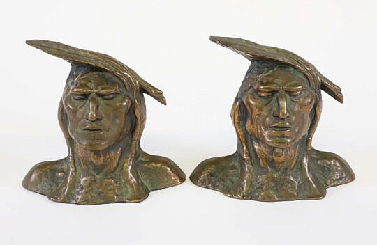 Pair of Patina Bronze Indian Portrait BookendsPair of Patina Bronze Indian Portrait Bookends