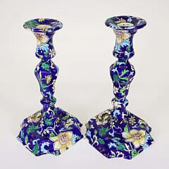 Antique Pair of French Majolica and Faience candlesticks from the esteemed Faïencerie de Gien circa 1875-1935