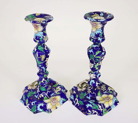Antique Pair of French Majolica and Faience candlesticks from the esteemed Faïencerie de Gien circa 1875-1935