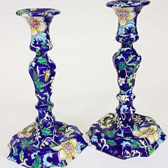 Antique Pair of French Majolica Faiencerie de Glen Candlestics, circa 1875-1935