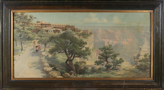 Louis Akin Color Lithograph "Grand Canyon, 1906" with plaque: "El Tovar Grand Canyon Arizona, on the Santa Fe"