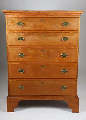 American Curly Maple Tall Chest of Drawers, 19th Century