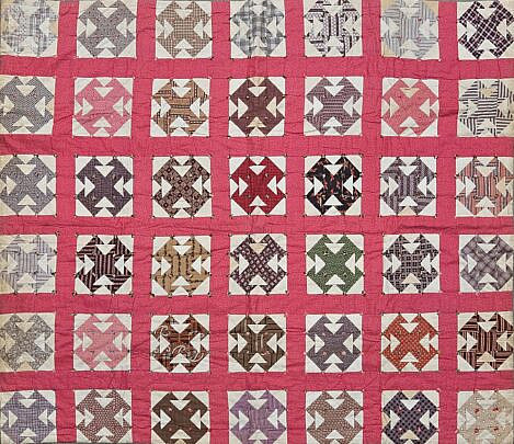Antique American Pink and Multi-Color Double "T" Quilt, circa 1900