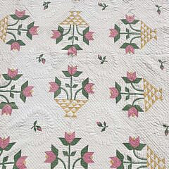 Vintage American Yellow Flower Basket with Blooming Tulips Patchwork Quilt, dated 1929