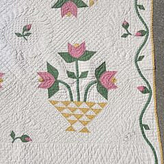Vintage American Yellow Flower Basket with Blooming Tulips Patchwork Quilt, dated 1929