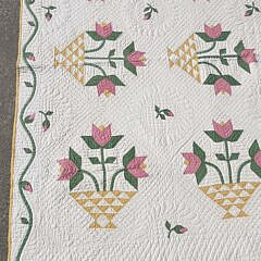 Vintage American Yellow Flower Basket with Blooming Tulips Patchwork Quilt, dated 1929