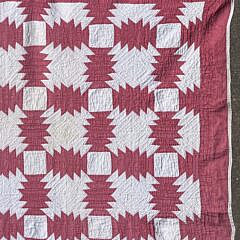 Antique American Red and White “Feathered Star” Patchwork Quilt 19th Century