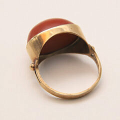 Antique 9K Gold European Ring Set with Cabochon Rust Hue Coral Stone