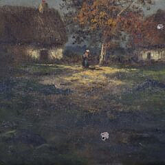 After Jules Dupre Oil on Canvas “Landscape with Cottages” circa 1885
