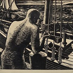 Vintage Glenn C. Nelson Nautical Maritime Woodblock Print, “Fishing Smacks”, 20th century
