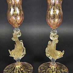 Pair of Antique Venetian Murano Glass Figural Hand Blown Dolphin Candlesticks