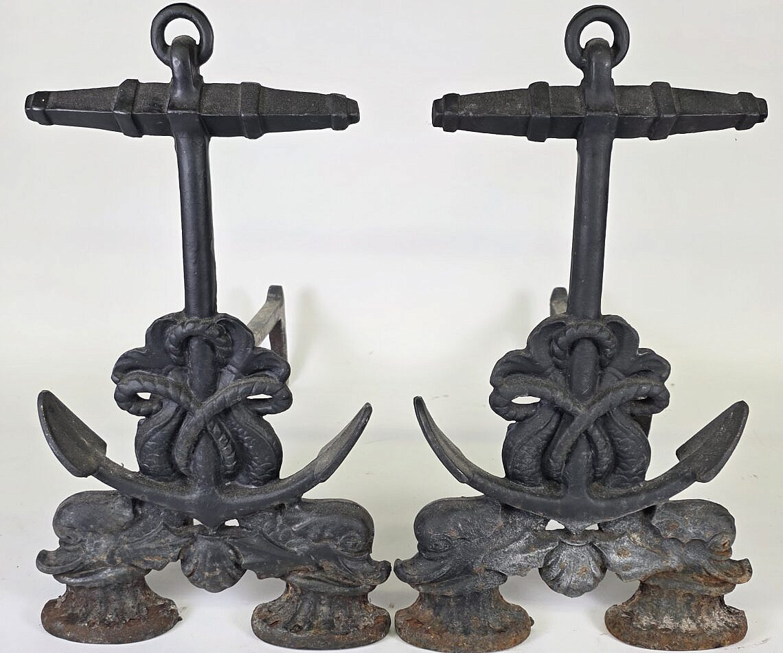Antique Figural Cast Iron Anchor and Dolphin Andirons - Pair of Antique ...