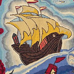 Vintage Pictorial Nautical Maritime Clipper Ship Hand Hooked Rug Carpet, 20th century