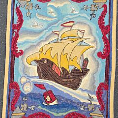 Vintage Pictorial Nautical Maritime Clipper Ship Hand Hooked Rug Carpet, 20th century