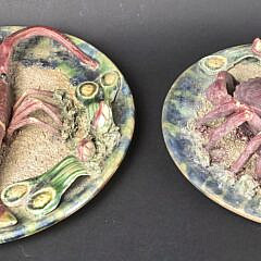Two Antique Portuguese Palissy Ware Majolica Crab and Lobster Chargers 