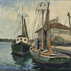 Caroline M. Bell Antique Oil on Artists Board Nantucket Impressionist Harbor Dock Scene Painting, early 20th century