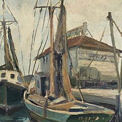 Caroline M. Bell Antique Oil on Artists Board Nantucket Impressionist Harbor Dock Scene Painting, early 20th century