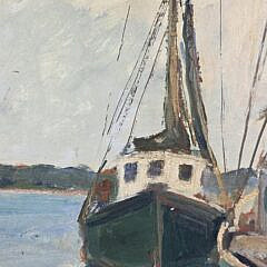 Caroline M. Bell Antique Oil on Artists Board Nantucket Impressionist Harbor Dock Scene Painting, early 20th century