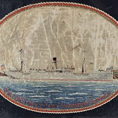 Antique Pictorial United States Naval Sailors Silkwork Embroidery Ship Portrait, 19th century