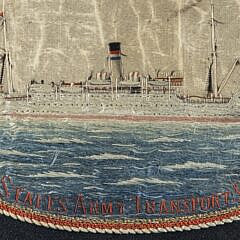 Antique Pictorial United States Naval Sailors Silkwork Embroidery Ship Portrait, 19th century