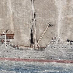 Antique Pictorial United States Naval Sailors Silkwork Embroidery Ship Portrait, 19th century
