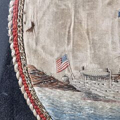 Antique Pictorial United States Naval Sailors Silkwork Embroidery Ship Portrait, 19th century