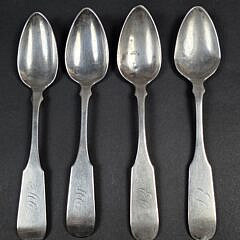 Set of Four Antique Nantucket “Easton and Sanford” Coin Silver Teaspoons, 19th century