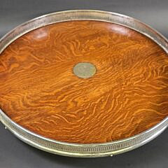 Extraordinary Antique English Oak and Silver Gallery Lazy Susan Serving Tray, 19th century