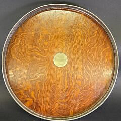 Extraordinary Antique English Oak and Silver Gallery Lazy Susan Serving Tray, 19th century