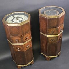 Pair of Brass Bound Octagonal Campaign Style Nautical Compass End Tables, 20th century