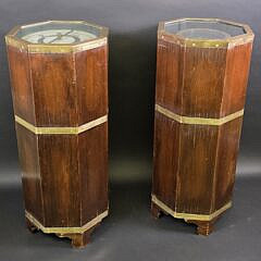 Pair of Brass Bound Octagonal Campaign Style Nautical Compass End Tables, 20th century