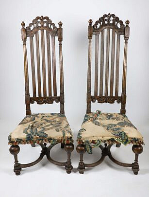Pair of William and Mary Carved Wood Side Chairs, 17th Century