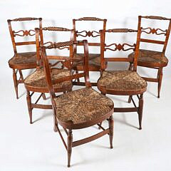 Set of Six American Federal Tiger Maple Rush Seat Side Chairs, circa 1810